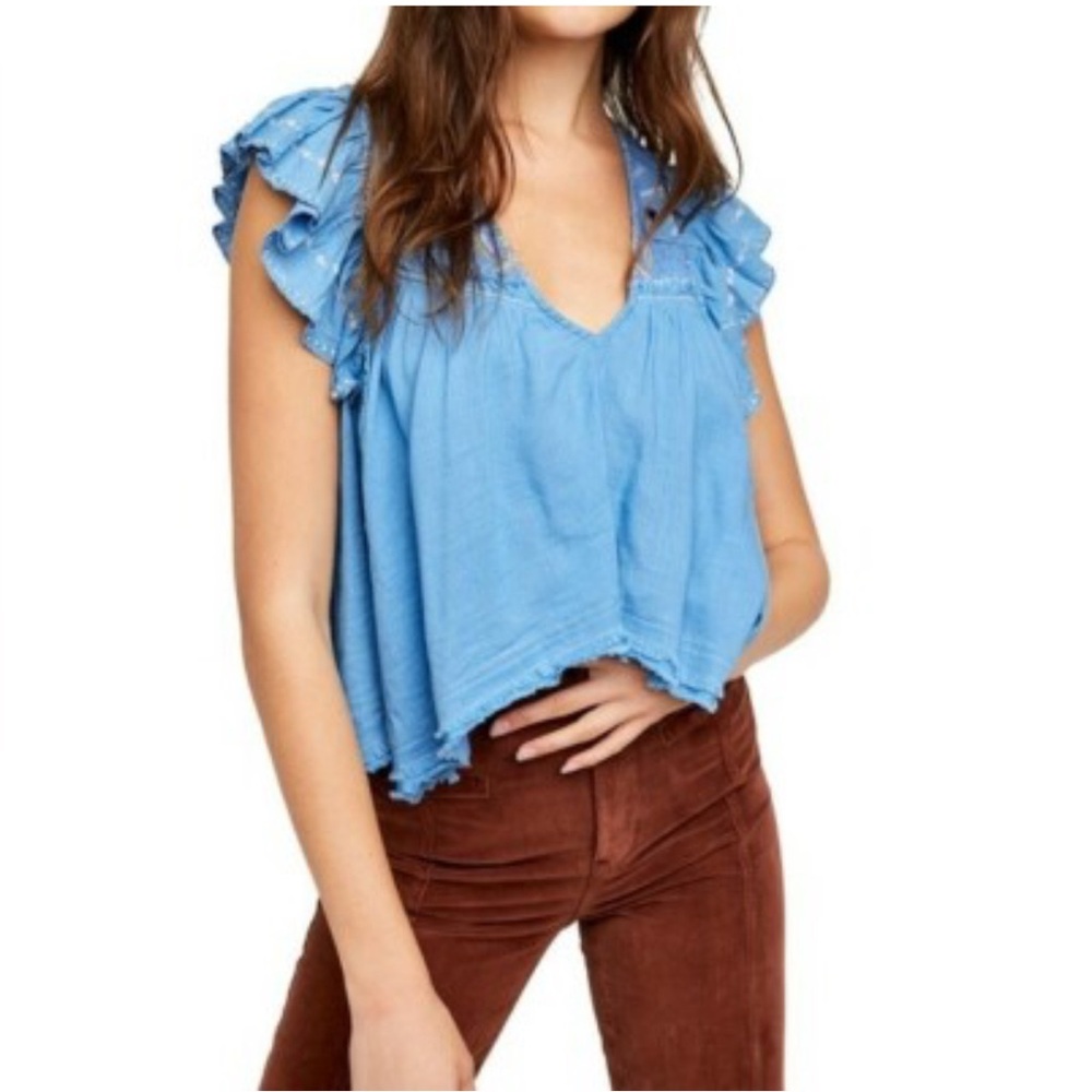 Free People Blue Flutter Sleeve Ruffled Blouse